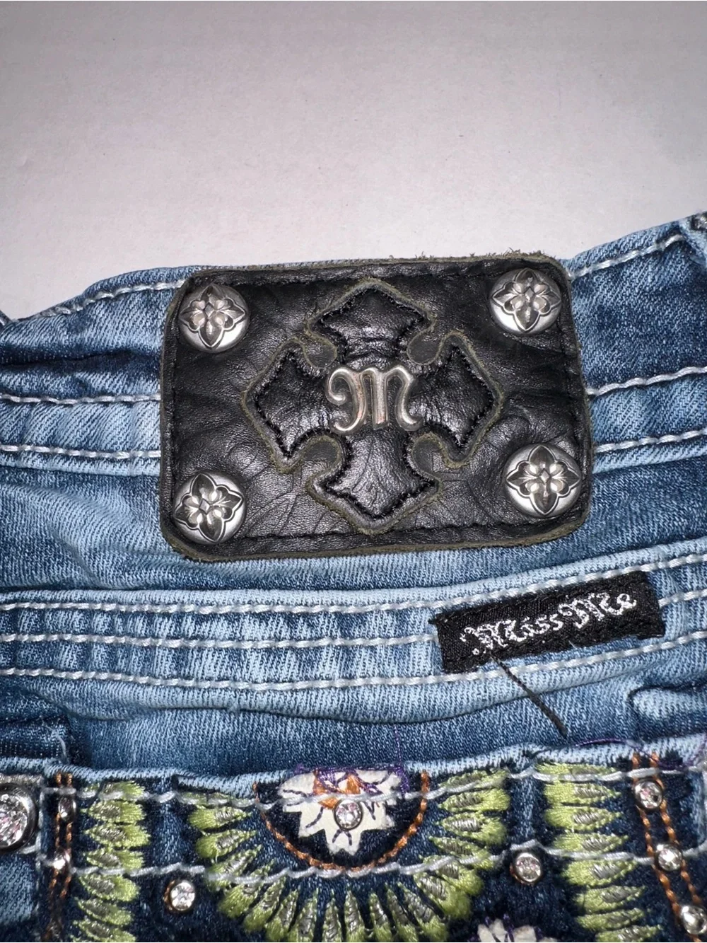 Miss Me Low Rise Distressed Size 30 Denim Shorts Embroidered Bling Pockets Y2K